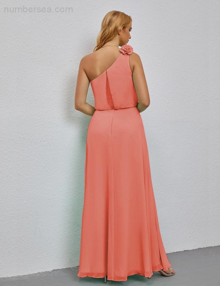 Ruffled One Shoulder Sleeveless Long Bridesmaid Dresses A-line Formal Evening Gown Side Split 28080-numbersea