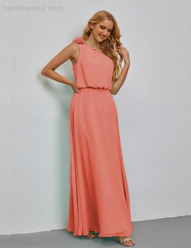 Ruffled One Shoulder Sleeveless Long Bridesmaid Dresses A-line Formal Evening Gown Side Split 28080-numbersea