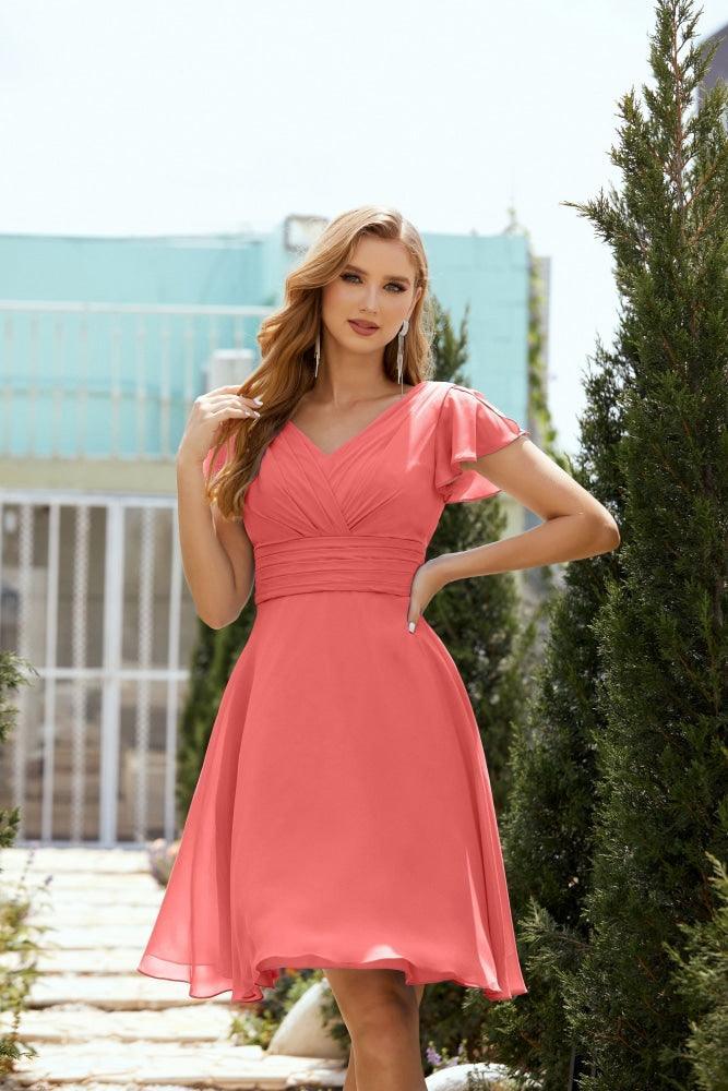 Neck Chiffon Bridesmaid Dresses Formal Cocktail Prom Gown Homecoming 28013 Coral Pink