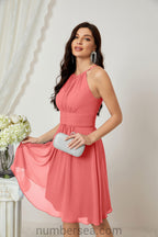 Halter Bridesmaid Dresses Knee Length A Line Formal Evening Party Cocktail Dress 28011 Coral Pink