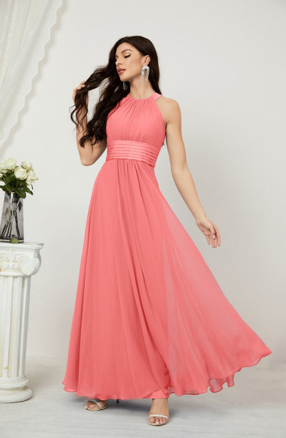 Numbersea Formal Party Gown Dress Chiffon Halter Long Sleeveless Bridesmaid Dresses 2802 Coral Pink