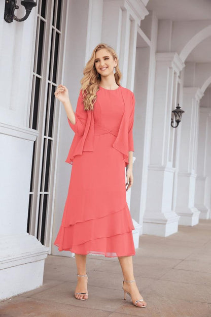 Two-Piece A-Line Mother Of The Bride Dress Formal Party Gown 28072 Coral Pink