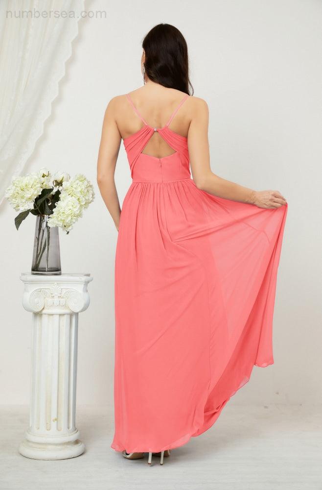 Numbersea Neck Bridesmaid Dresses Chiffon Long Spaghetti A-line Formal Prom Gown for Wedding Party Evening 2801-numbersea