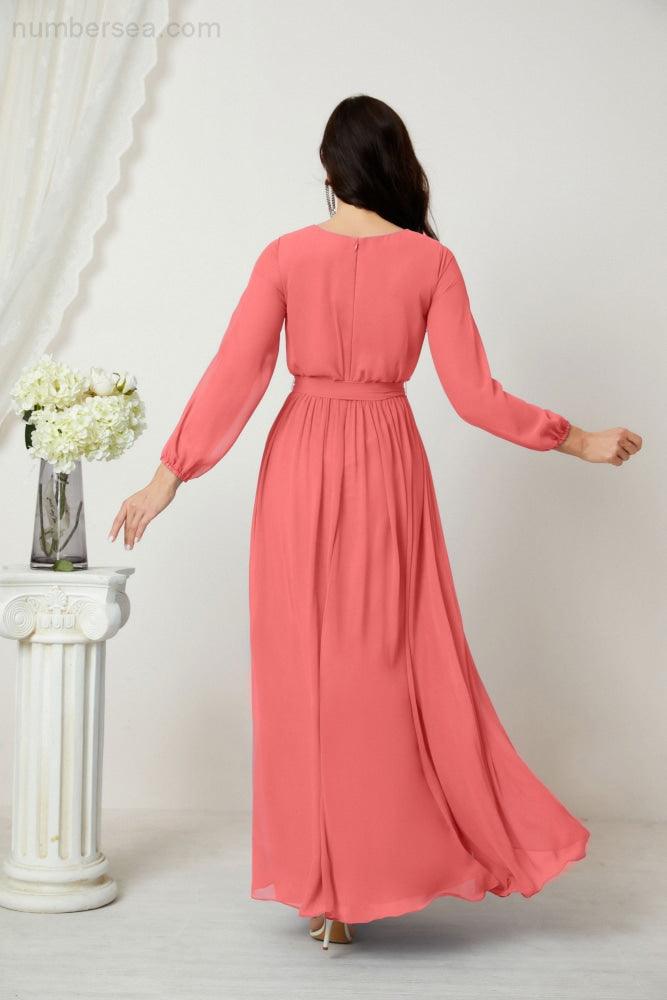 Numbersea Evening Dresses Deep V-Neck Chiffon Bridesmaid Dresses Long Bishop Sleeve Side Split Formal Dress 2806-numbersea