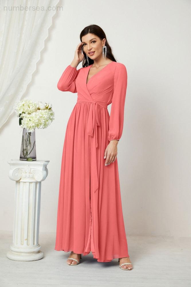 Numbersea Evening Dresses Deep V-Neck Chiffon Bridesmaid Dresses Long Bishop Sleeve Side Split Formal Dress 2806-numbersea