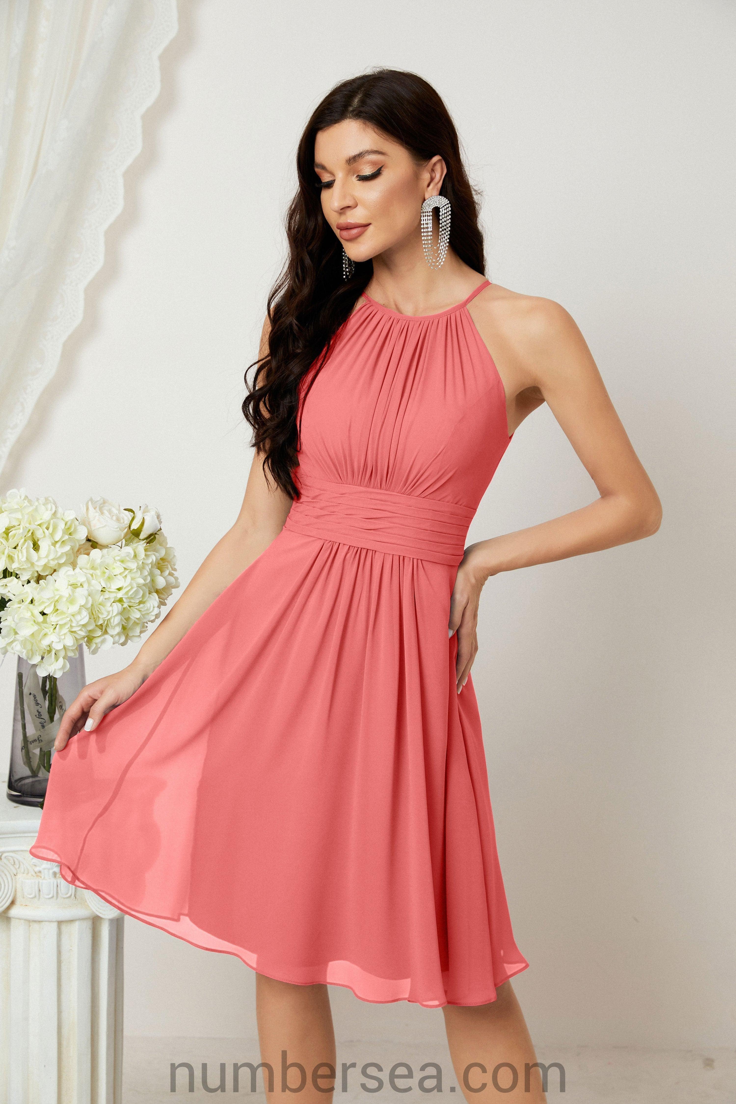 Halter Bridesmaid Dresses Knee Length A Line Formal Evening Party Cocktail Dress 28011