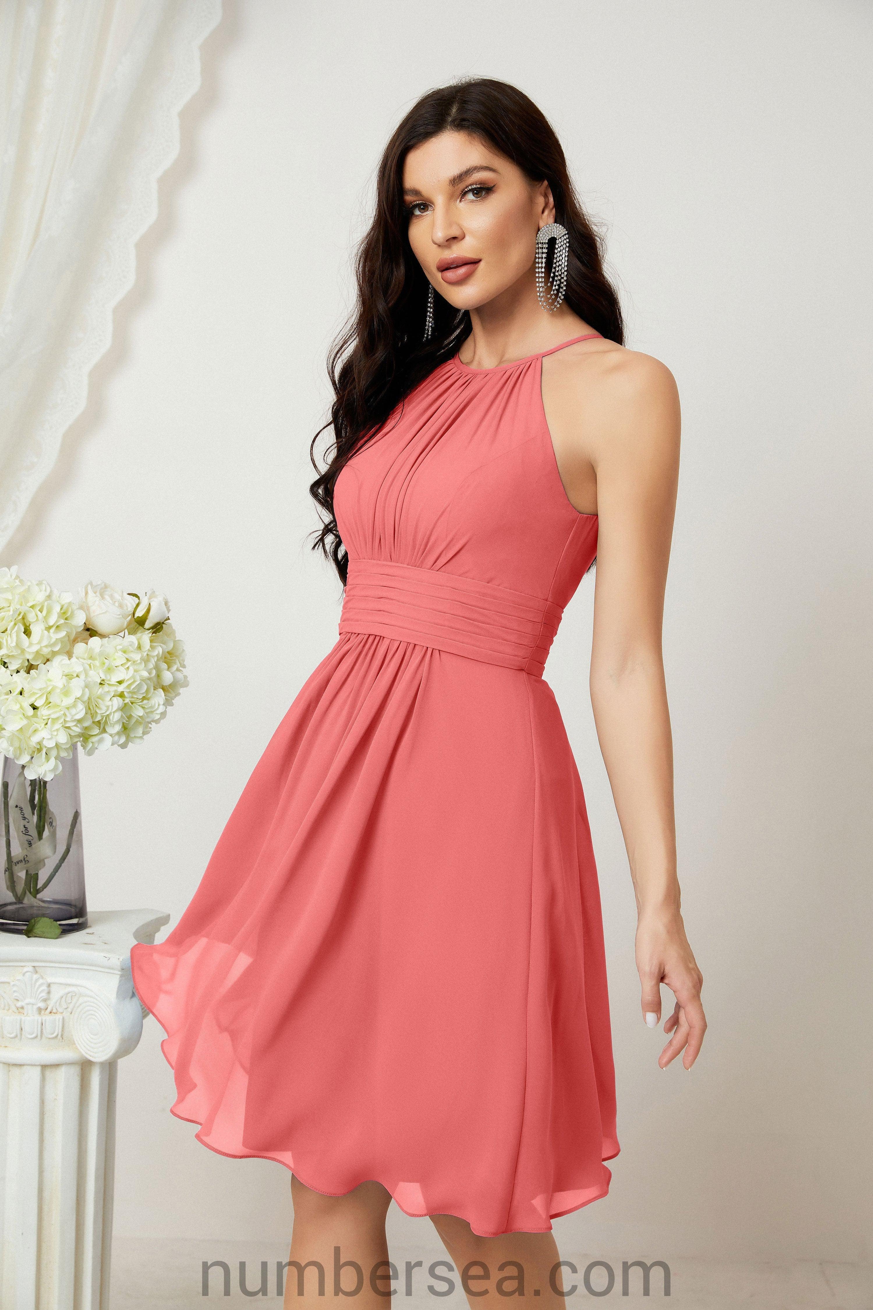 Halter Bridesmaid Dresses Knee Length A Line Formal Evening Party Cocktail Dress 28011