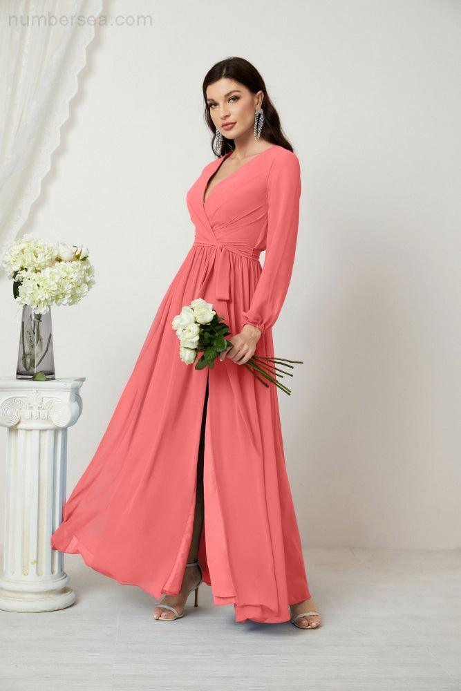 Numbersea Evening Dresses Deep V-Neck Chiffon Bridesmaid Dresses Long Bishop Sleeve Side Split Formal Dress 2806-numbersea