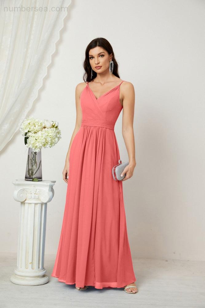 Numbersea Chiffon V-Neck Bridesmaid Dress Spaghetti Strap Long Formal Party Prom Gowns with Slit 28010-numbersea
