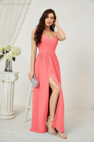 Numbersea Neck Bridesmaid Dresses Chiffon Long Spaghetti A-line Formal Prom Gown for Wedding Party Evening 2801-numbersea