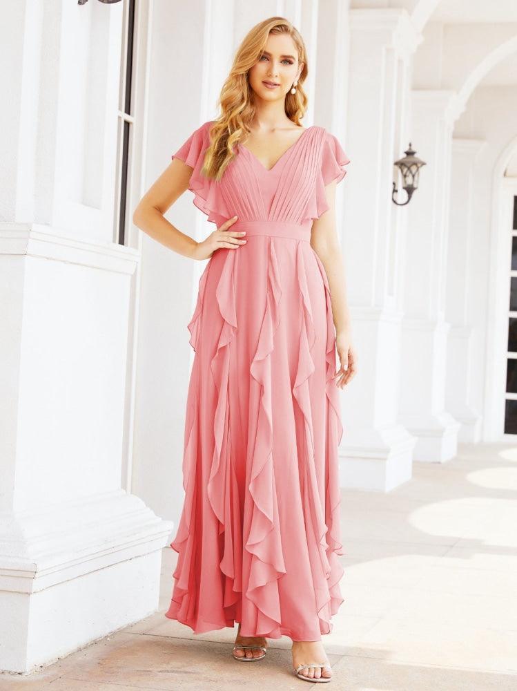 Ruffled Bridesmaid Dresses with Sleeves Long Formal Party Dress 28041-numbersea