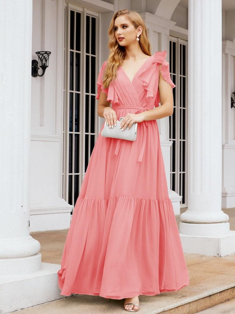 Numbersea Women's Open Back Formal Evening Party Prom Gowns V-Neck Long Chiffon Bridesmaid Dresses with Waist Belt 28038-numbersea