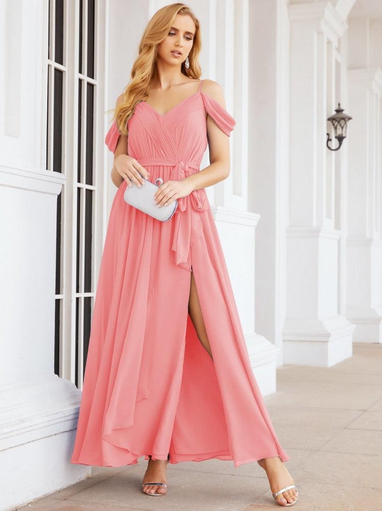 Numbersea Off The Shoulder Chiffon Bridesmaid Dress Long Formal Graduation Gown with Cowl Back 28069-numbersea