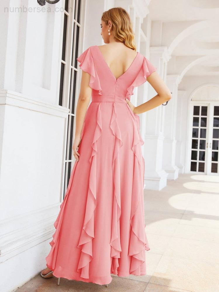 Ruffled Bridesmaid Dresses with Sleeves Long Formal Party Dress 28041-numbersea