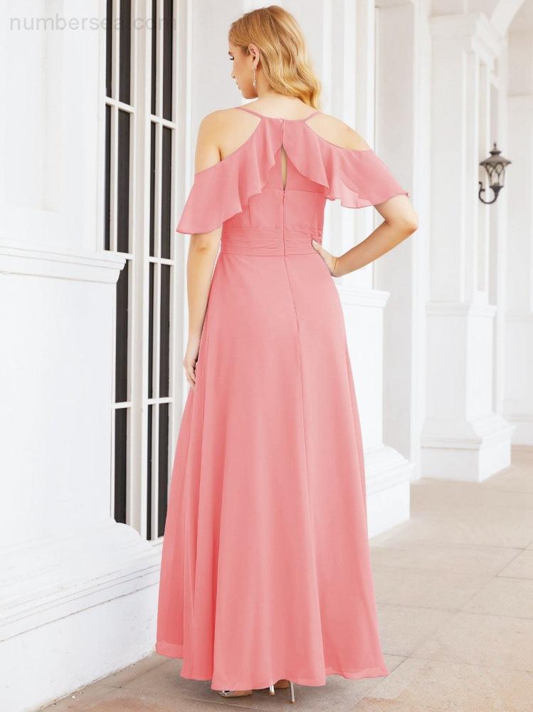 Numbersea Cold Shoulder Long Bridesmaid Dresses Side Slit Formal Prom Gowns Party Wedding 28070-numbersea