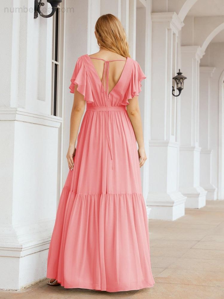 Numbersea Women's Open Back Formal Evening Party Prom Gowns V-Neck Long Chiffon Bridesmaid Dresses with Waist Belt 28038-numbersea