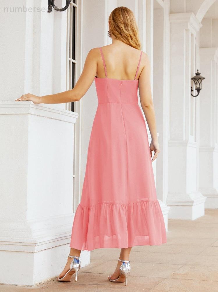 Numbersea Women Strap Chiffon Bridesmaid Dress Ankle Length Sleeveless Blackless Ruffle A Line