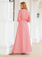 Numbersea Women's Chiffon Bridesmaid Dress A line Long Sleeves Formal Evening Prom Gown for Wedding Guest 28032-numbersea