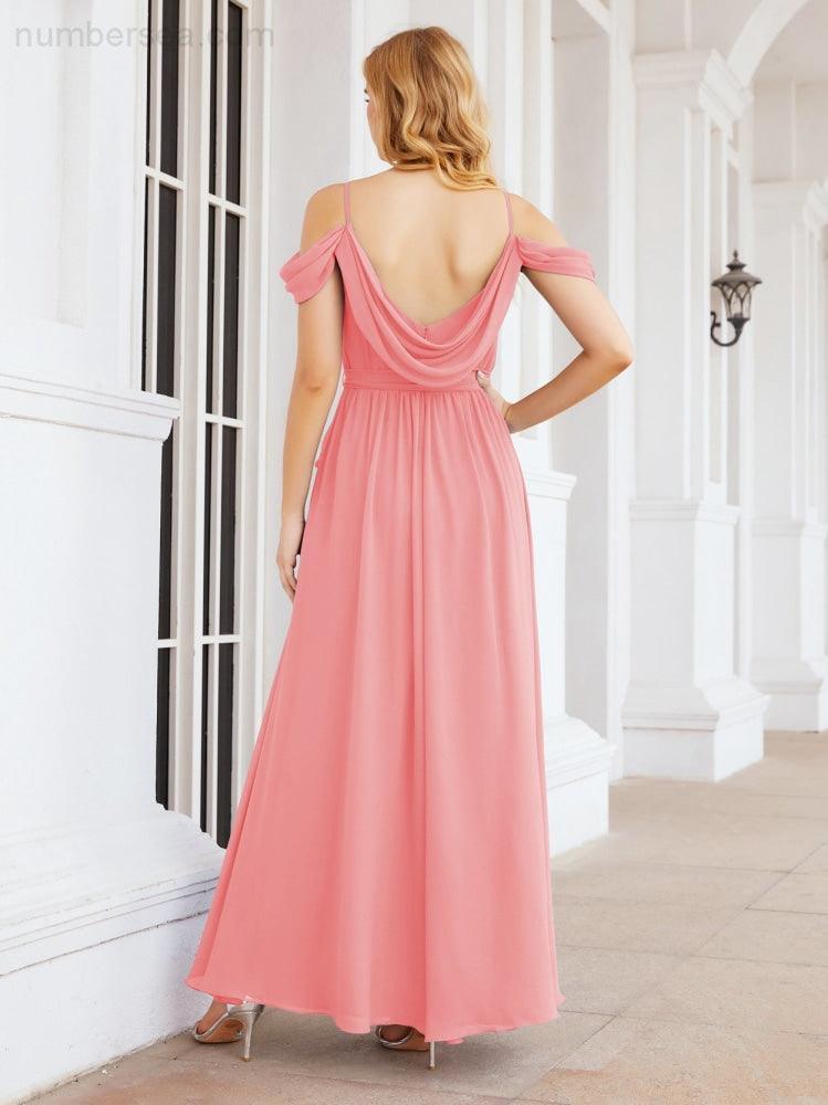 Numbersea Off The Shoulder Chiffon Bridesmaid Dress Long Formal Graduation Gown with Cowl Back 28069-numbersea