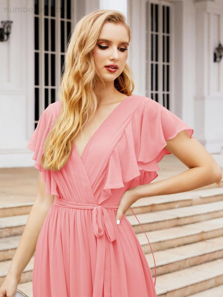 Numbersea Women's Open Back Formal Evening Party Prom Gowns V-Neck Long Chiffon Bridesmaid Dresses with Waist Belt 28038-numbersea