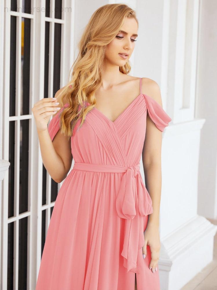 Numbersea Off The Shoulder Chiffon Bridesmaid Dress Long Formal Graduation Gown with Cowl Back 28069-numbersea