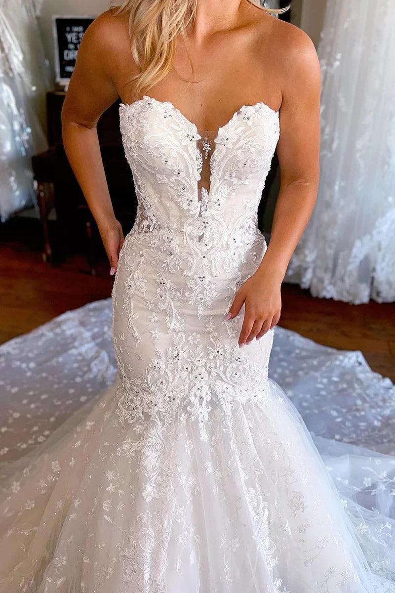 Vestido de novia sirena blanco brillante con mangas largas desmontables y encaje