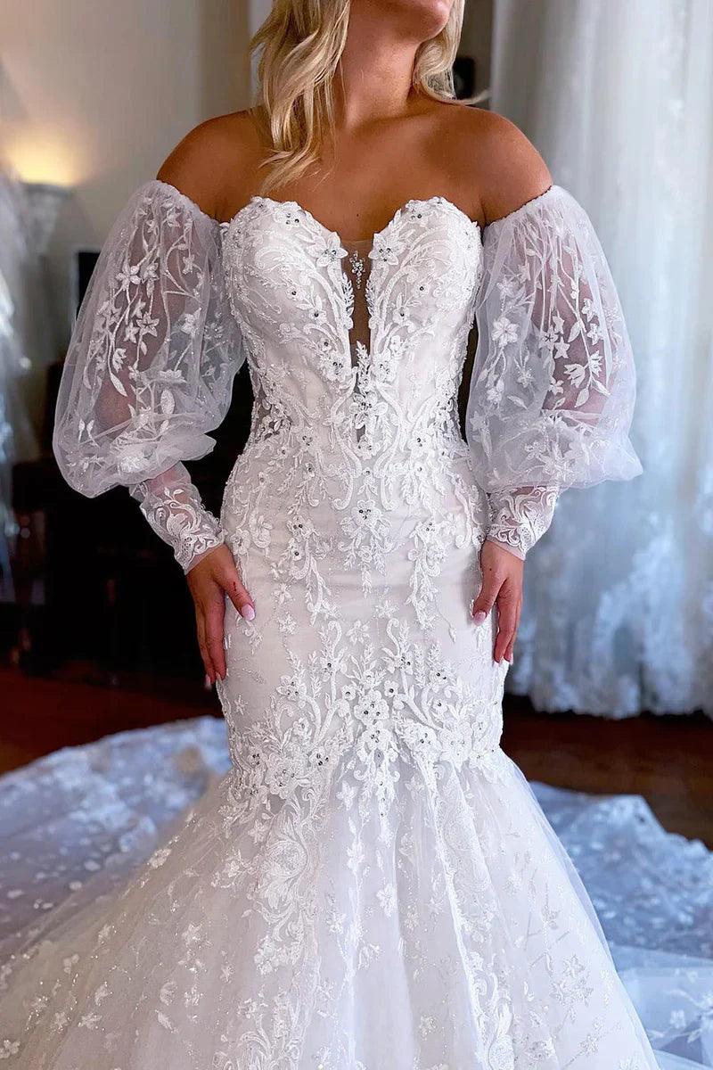 Vestido de novia sirena blanco brillante con mangas largas desmontables y encaje