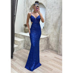 Vestido de noche largo con lentejuelas brillantes y tirantes finos 