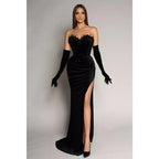Strapless Beaded Satin Pleats Long Sleeves Prom Dress with Slit Evening Gowns