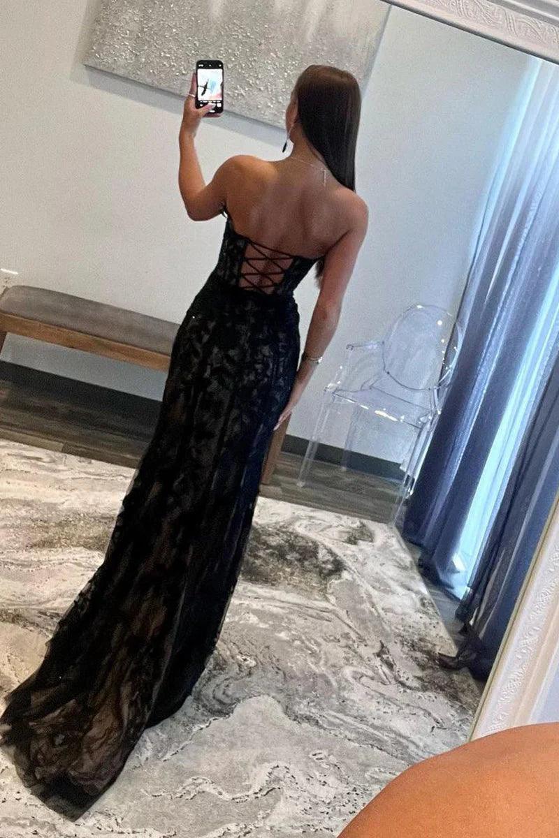 Vestido de fiesta sirena sin tirantes de encaje con abertura