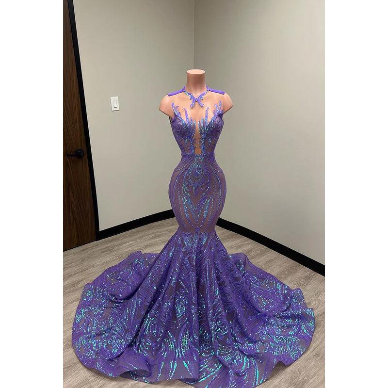 Vestido formal de noche de graduación con apliques de lentejuelas y encaje con escote en V y corte trompeta/sirena