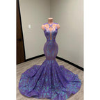 Vestido formal de noche de graduación con apliques de lentejuelas y encaje con escote en V y corte trompeta/sirena