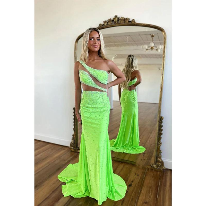Vestido de fiesta largo único con cuentas y un solo hombro