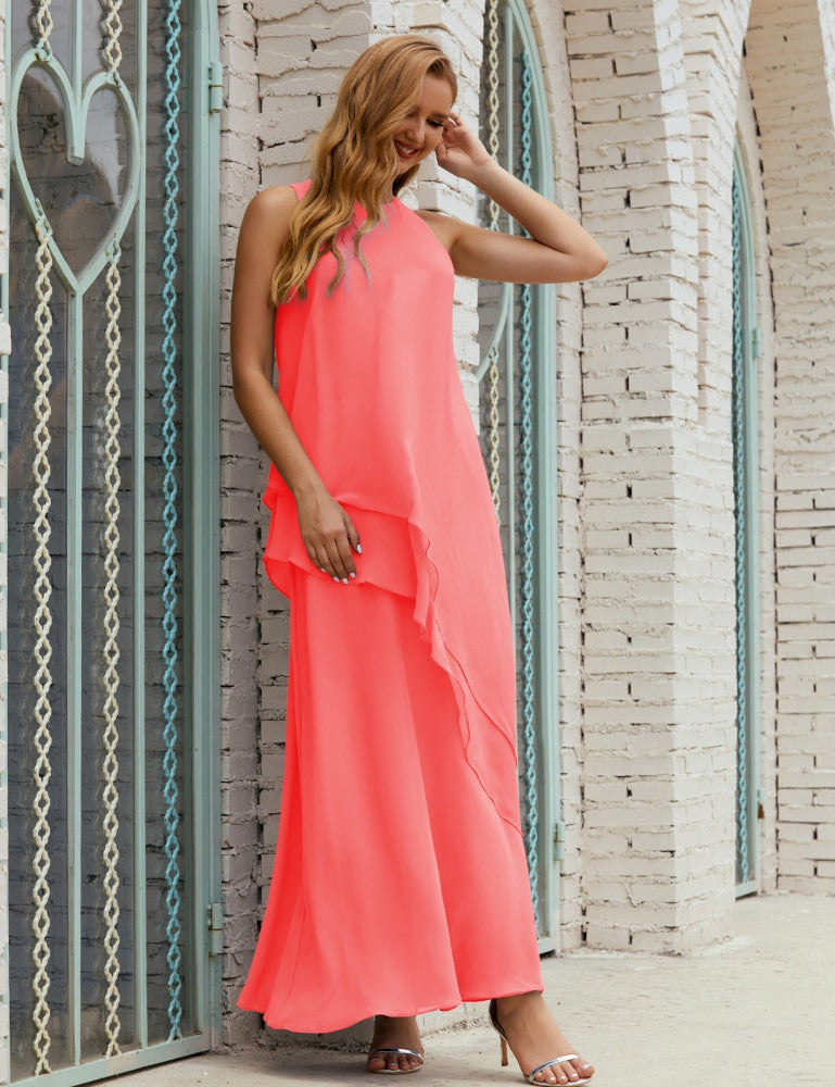 Chiffon Long Plus Size Mother Of Bride Dresses Formal Bridesmaid Prom Gown 28019 Coral Pink