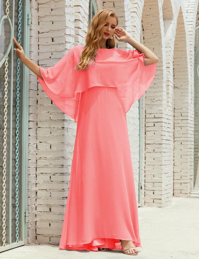 Numbersea Bridesmaid Dress Women Long Sleeve V-Neck Chiffon Formal Wedding Party 28018 Coral Pink