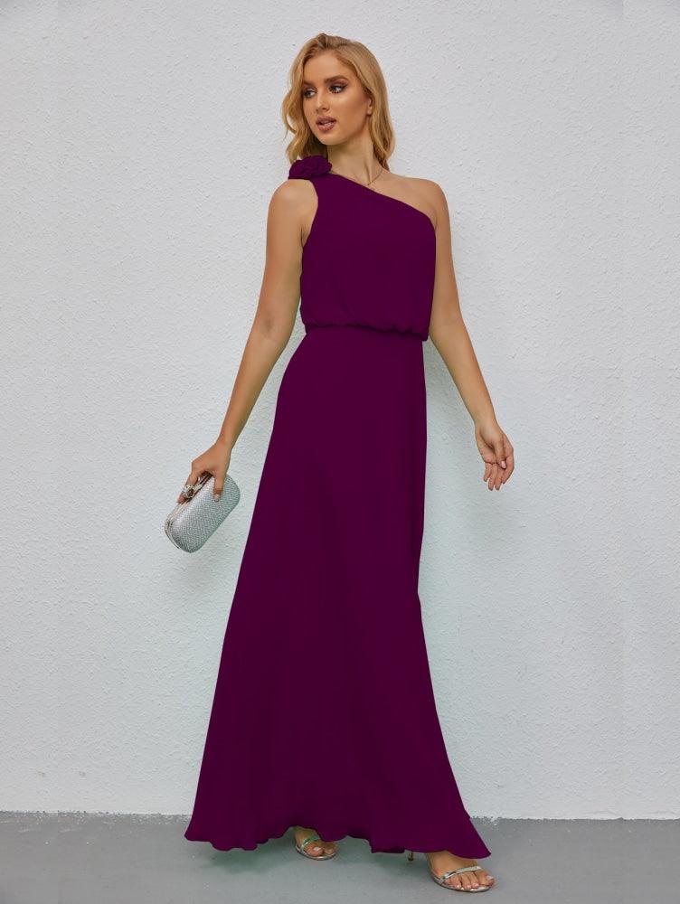 Ruffled One Shoulder Sleeveless Long Bridesmaid Dresses A-line Formal Evening Gown Side Split 28080-numbersea