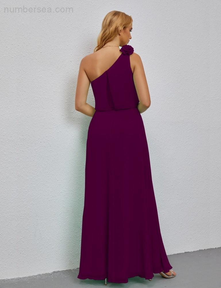 Ruffled One Shoulder Sleeveless Long Bridesmaid Dresses A-line Formal Evening Gown Side Split 28080-numbersea