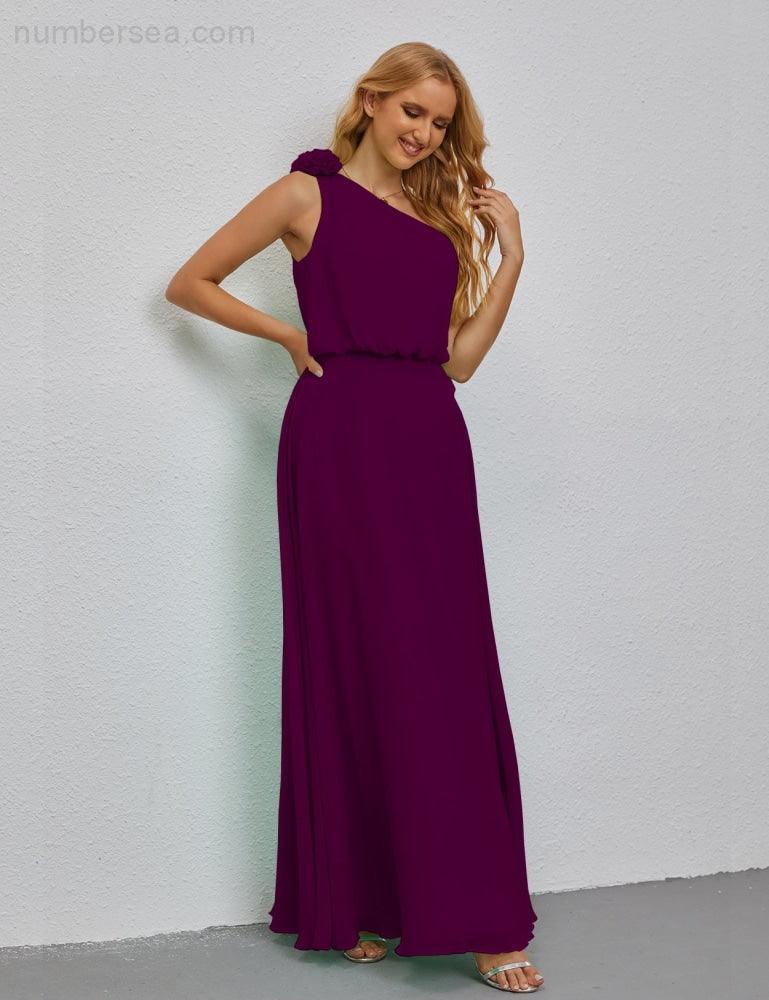 Ruffled One Shoulder Sleeveless Long Bridesmaid Dresses A-line Formal Evening Gown Side Split 28080-numbersea