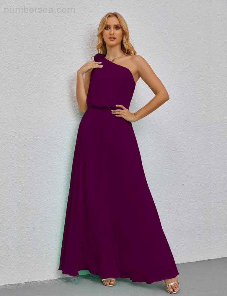 Ruffled One Shoulder Sleeveless Long Bridesmaid Dresses A-line Formal Evening Gown Side Split 28080-numbersea