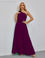 Ruffled One Shoulder Sleeveless Long Bridesmaid Dresses A-line Formal Evening Gown Side Split 28080-numbersea