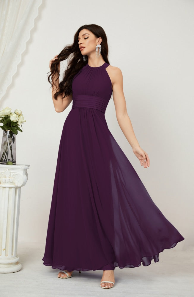 Numbersea Formal Party Gown Dress Chiffon Halter Long Sleeveless Bridesmaid Dresses 2802 Grape