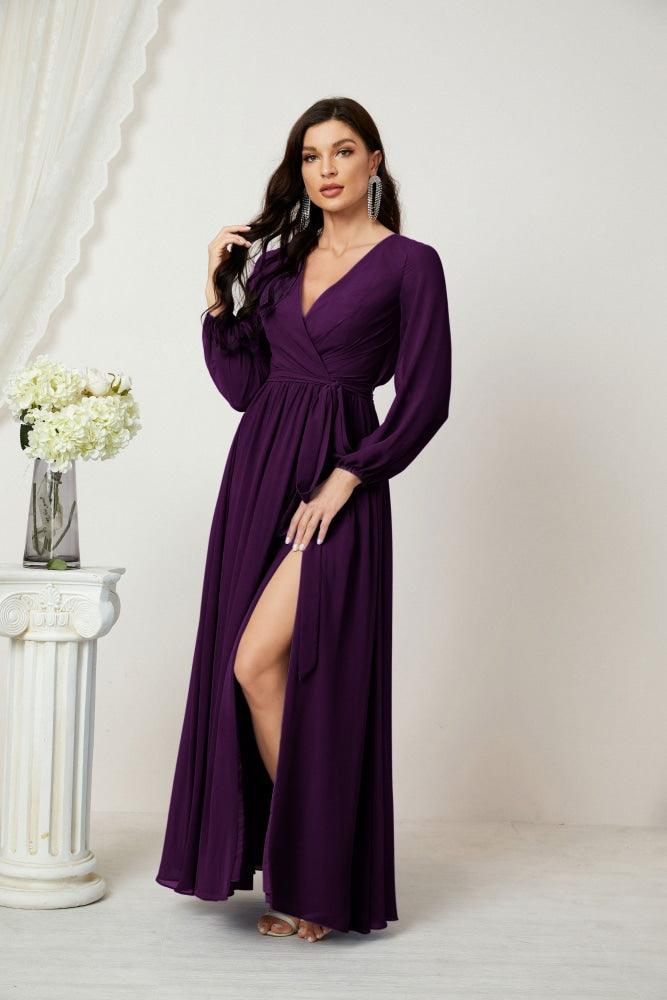 Numbersea Evening Dresses Deep V-Neck Chiffon Bridesmaid Dresses Long Bishop Sleeve Side Split Formal Dress 2806-numbersea