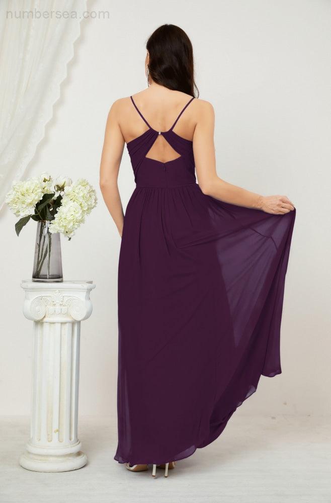 Numbersea Neck Bridesmaid Dresses Chiffon Long Spaghetti A-line Formal Prom Gown for Wedding Party Evening 2801-numbersea