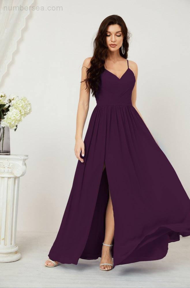 Numbersea Neck Bridesmaid Dresses Chiffon Long Spaghetti A-line Formal Prom Gown for Wedding Party Evening 2801-numbersea