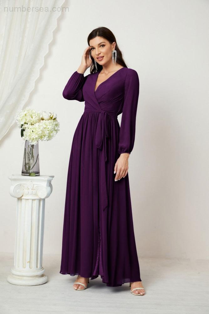 Numbersea Evening Dresses Deep V-Neck Chiffon Bridesmaid Dresses Long Bishop Sleeve Side Split Formal Dress 2806-numbersea