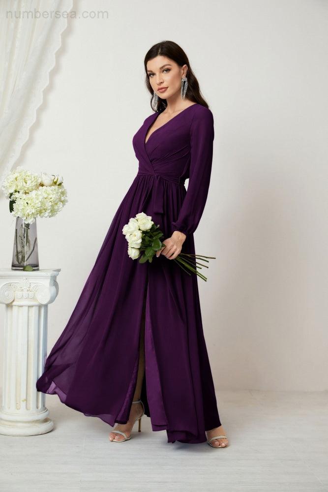 Numbersea Evening Dresses Deep V-Neck Chiffon Bridesmaid Dresses Long Bishop Sleeve Side Split Formal Dress 2806-numbersea