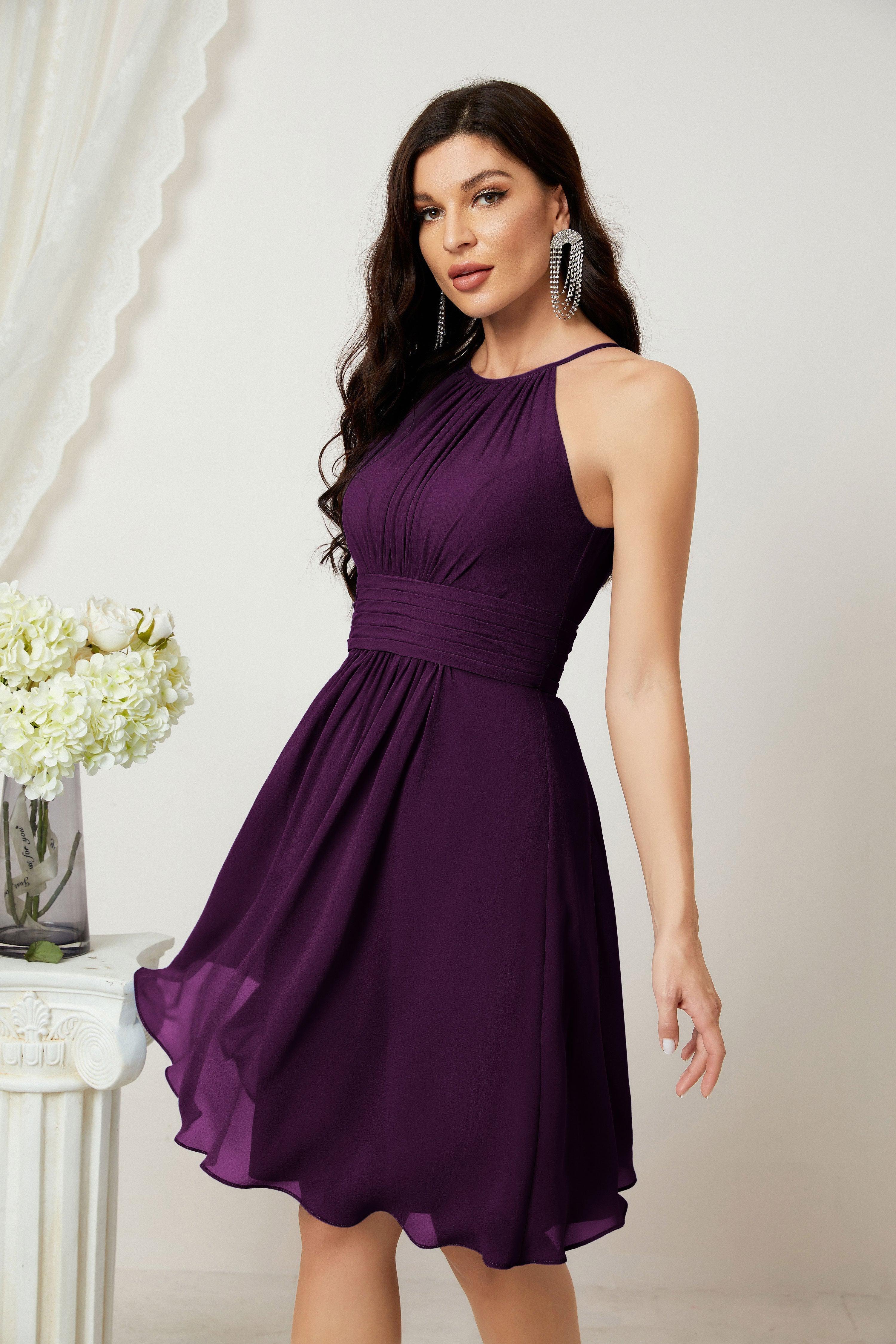 Halter Bridesmaid Dresses Knee Length A Line Formal Evening Party Cocktail Dress 28011
