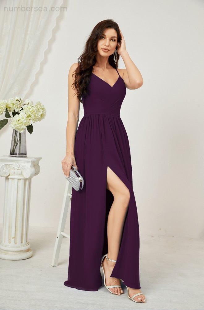 Numbersea Neck Bridesmaid Dresses Chiffon Long Spaghetti A-line Formal Prom Gown for Wedding Party Evening 2801-numbersea