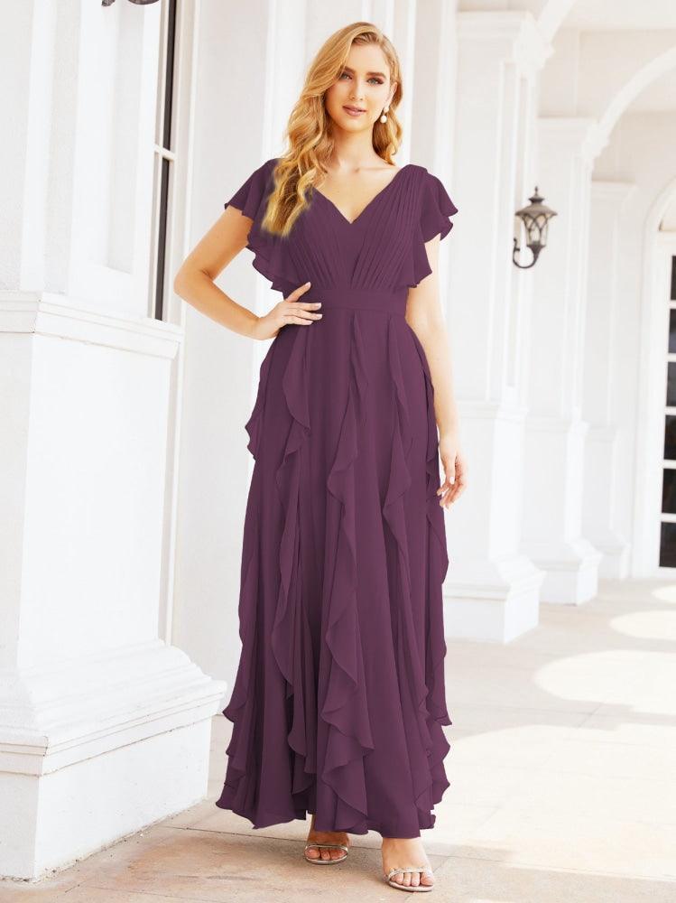 Ruffled Bridesmaid Dresses with Sleeves Long Formal Party Dress 28041-numbersea