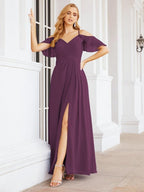 Numbersea Cold Shoulder Long Bridesmaid Dresses Side Slit Formal Prom Gowns Party Wedding 28070-numbersea